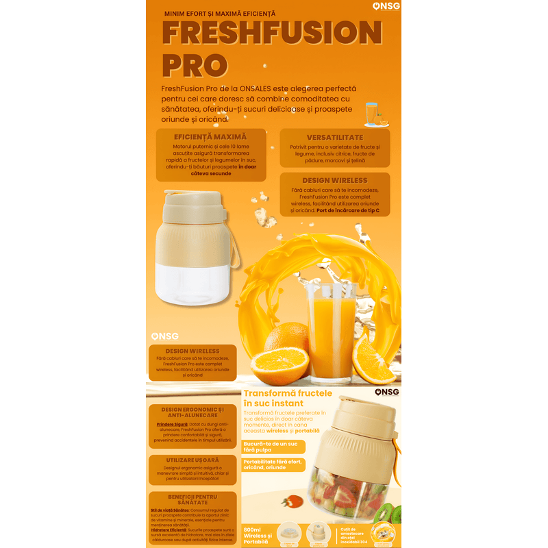 Electronice si Electrocasnice - Electrocasnice bucatarie - Mixere, tocatoare & roboti de bucatarie - Blendere si mini tocatoare - Mini Blender Multifunctional Wireless FreshFusion Pro ONSG®, Motor Puternic, Design Ergonomic, Anti-Alunecare, Capacitate 800ml, Cablu Tip C, Galben - Infinity.ro