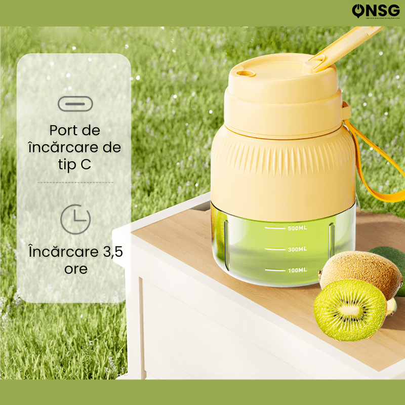 Electronice si Electrocasnice - Electrocasnice bucatarie - Mixere, tocatoare & roboti de bucatarie - Blendere si mini tocatoare - Mini Blender Multifunctional Wireless FreshFusion Pro ONSG®, Motor Puternic, Design Ergonomic, Anti-Alunecare, Capacitate 800ml, Cablu Tip C, Galben - Infinity.ro