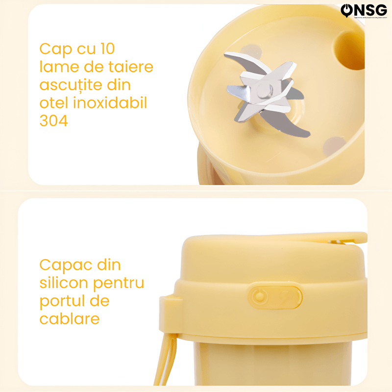 Electronice si Electrocasnice - Electrocasnice bucatarie - Mixere, tocatoare & roboti de bucatarie - Blendere si mini tocatoare - Mini Blender Multifunctional Wireless FreshFusion Pro ONSG®, Motor Puternic, Design Ergonomic, Anti-Alunecare, Capacitate 800ml, Cablu Tip C, Galben - Infinity.ro