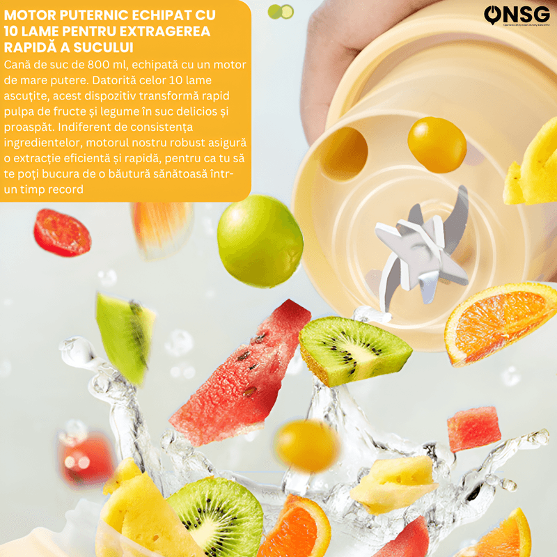 Electronice si Electrocasnice - Electrocasnice bucatarie - Mixere, tocatoare & roboti de bucatarie - Blendere si mini tocatoare - Mini Blender Multifunctional Wireless FreshFusion Pro ONSG®, Motor Puternic, Design Ergonomic, Anti-Alunecare, Capacitate 800ml, Cablu Tip C, Galben - Infinity.ro