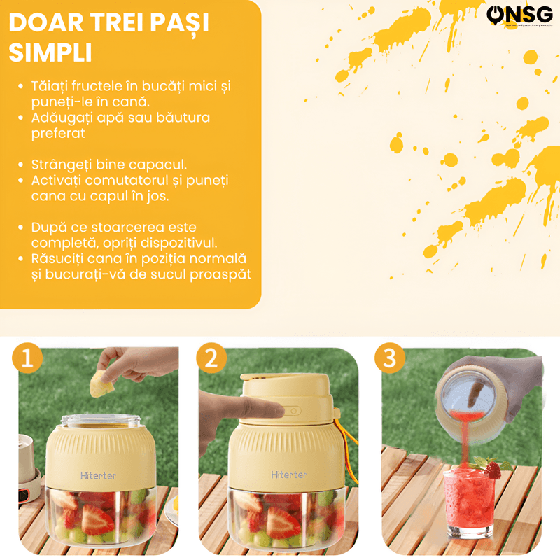 Electronice si Electrocasnice - Electrocasnice bucatarie - Mixere, tocatoare & roboti de bucatarie - Blendere si mini tocatoare - Mini Blender Multifunctional Wireless FreshFusion Pro ONSG®, Motor Puternic, Design Ergonomic, Anti-Alunecare, Capacitate 800ml, Cablu Tip C, Galben - Infinity.ro