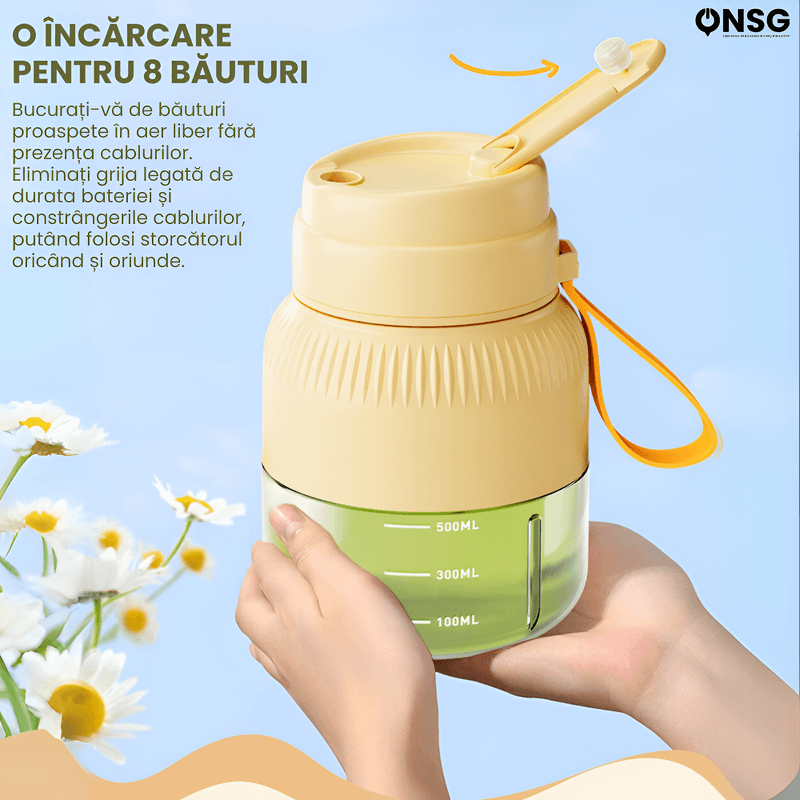 Electronice si Electrocasnice - Electrocasnice bucatarie - Mixere, tocatoare & roboti de bucatarie - Blendere si mini tocatoare - Mini Blender Multifunctional Wireless FreshFusion Pro ONSG®, Motor Puternic, Design Ergonomic, Anti-Alunecare, Capacitate 800ml, Cablu Tip C, Galben - Infinity.ro