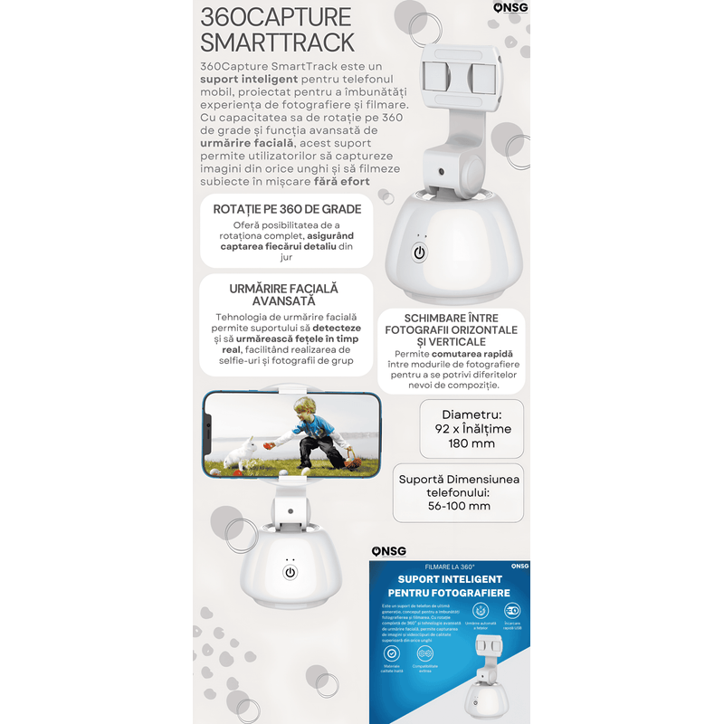 Laptop, Telefoane si Tablete - Telefoane mobile si accesorii - Accesorii Telefoane - Suport si docking telefoane - Suport Inteligent Telefon 360Capture SmartTrack ONSG®, Urmarire Faciala, Fotografiere, Rotire 360 Grade, Schimbare Pozitie, Bluetooth, Alb - Infinity.ro