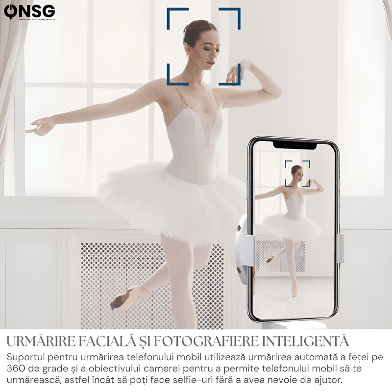 Laptop, Telefoane si Tablete - Telefoane mobile si accesorii - Accesorii Telefoane - Suport si docking telefoane - Suport Inteligent Telefon 360Capture SmartTrack ONSG®, Urmarire Faciala, Fotografiere, Rotire 360 Grade, Schimbare Pozitie, Bluetooth, Alb - Infinity.ro