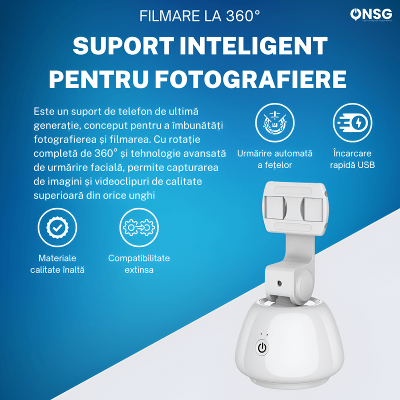 Laptop, Telefoane si Tablete - Telefoane mobile si accesorii - Accesorii Telefoane - Suport si docking telefoane - Suport Inteligent Telefon 360Capture SmartTrack ONSG®, Urmarire Faciala, Fotografiere, Rotire 360 Grade, Schimbare Pozitie, Bluetooth, Alb - Infinity.ro