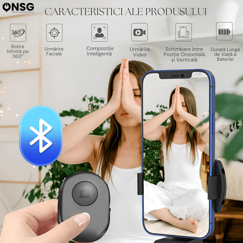 Laptop, Telefoane si Tablete - Telefoane mobile si accesorii - Accesorii Telefoane - Suport si docking telefoane - Suport Inteligent Telefon 360Capture SmartTrack ONSG®, Urmarire Faciala, Fotografiere, Rotire 360 Grade, Schimbare Pozitie, Bluetooth, Alb - Infinity.ro