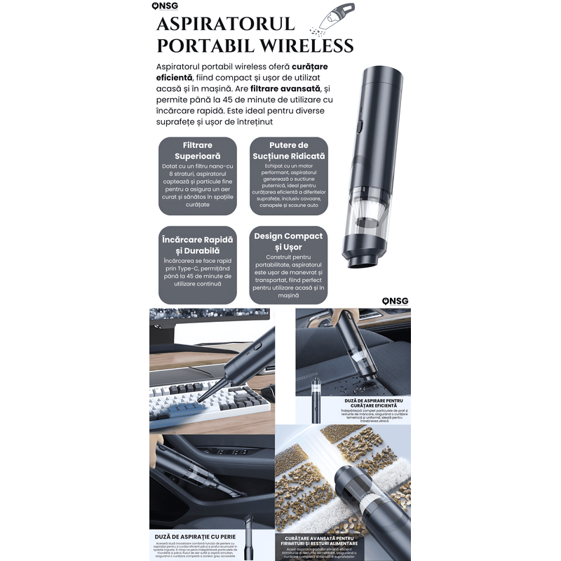 Auto si Moto - Intretinere auto - Aspiratoare auto - Aspirator Portabil TurboVac CleanTech ONSG®, Uz Casnic si Auto, Putere Mare de Aspiratie, 16000PA - Infinity.ro