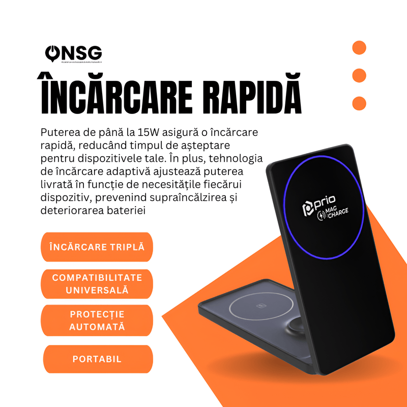Laptop, Telefoane si Tablete - Telefoane mobile si accesorii - Accesorii Telefoane - Incarcatoare telefoane - Incarcator wireless Prio 3in1 ONSG®, Mag Charger, telefon/casti/ceas, cablu USB Type-C inclus, 1.2m lungime cablu, Negru - Infinity.ro
