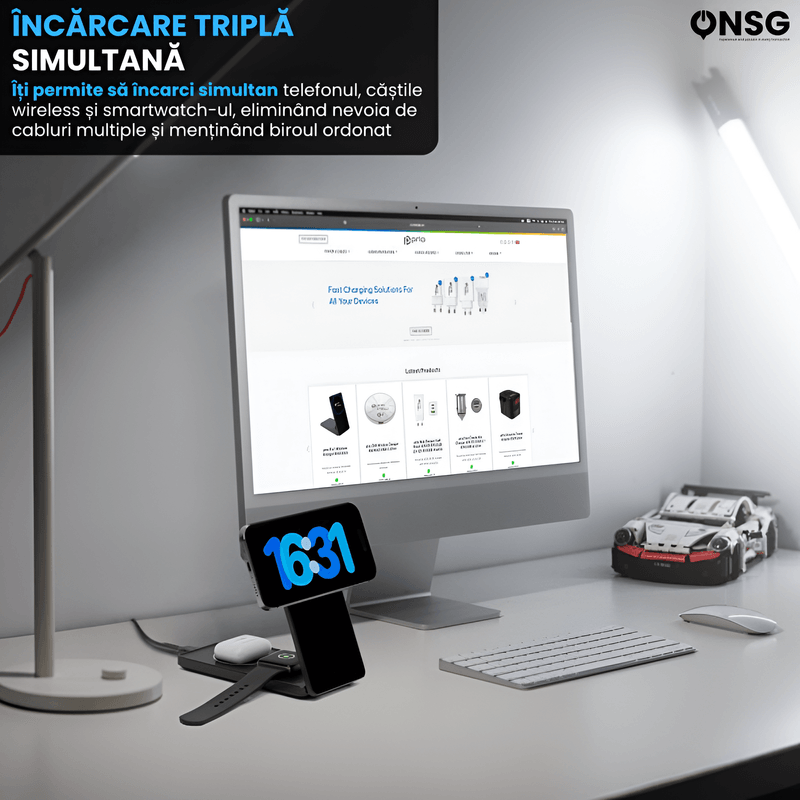 Laptop, Telefoane si Tablete - Telefoane mobile si accesorii - Accesorii Telefoane - Incarcatoare telefoane - Incarcator wireless Prio 3in1 ONSG®, Mag Charger, telefon/casti/ceas, cablu USB Type-C inclus, 1.2m lungime cablu, Negru - Infinity.ro