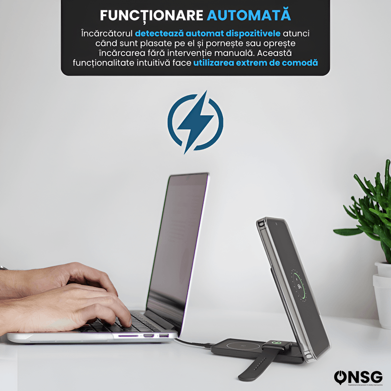 Laptop, Telefoane si Tablete - Telefoane mobile si accesorii - Accesorii Telefoane - Incarcatoare telefoane - Incarcator wireless Prio 3in1 ONSG®, Mag Charger, telefon/casti/ceas, cablu USB Type-C inclus, 1.2m lungime cablu, Negru - Infinity.ro