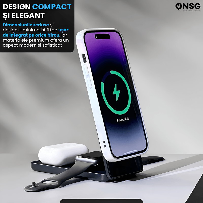 Laptop, Telefoane si Tablete - Telefoane mobile si accesorii - Accesorii Telefoane - Incarcatoare telefoane - Incarcator wireless Prio 3in1 ONSG®, Mag Charger, telefon/casti/ceas, cablu USB Type-C inclus, 1.2m lungime cablu, Negru - Infinity.ro