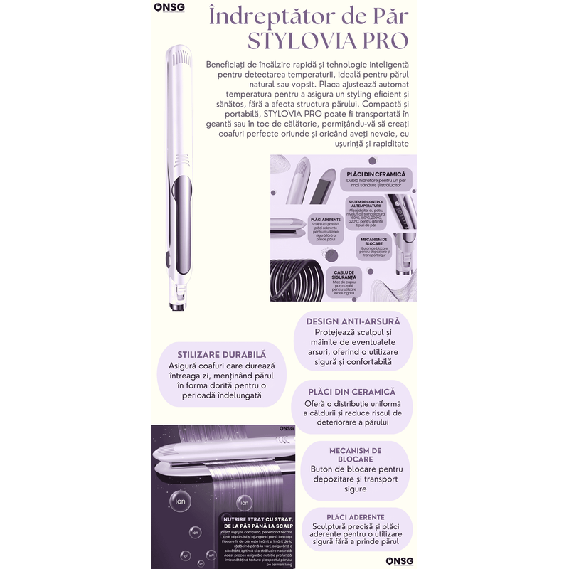Ingrijire personala si Cosmetice - Aparate & accesorii ingrijire personala - Hair styling - Placi de indreptat parul - Placa de Indreptat Parul STYLOVIA PRO by ONSG®, NTC Plus Heat, Incalzire Rapida, Material Ceramica Ionizata, 160°C-220°C, Alb - Infinity.ro