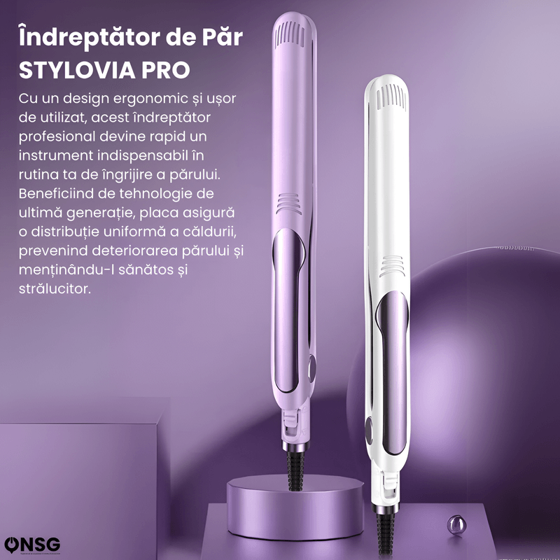 Ingrijire personala si Cosmetice - Aparate & accesorii ingrijire personala - Hair styling - Placi de indreptat parul - Placa de Indreptat Parul STYLOVIA PRO by ONSG®, NTC Plus Heat, Incalzire Rapida, Material Ceramica Ionizata, 160°C-220°C, Alb - Infinity.ro