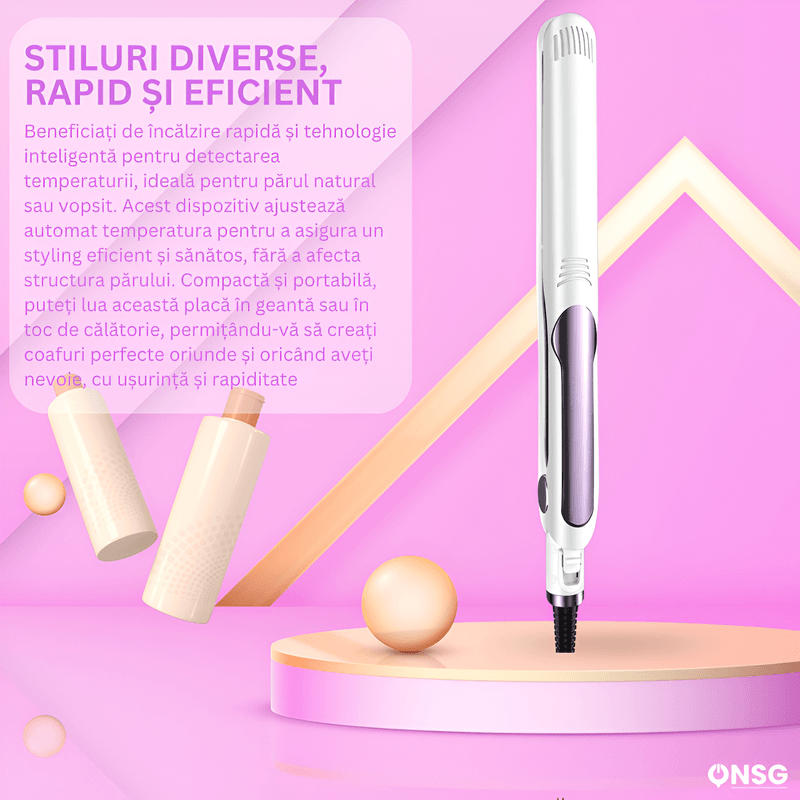 Ingrijire personala si Cosmetice - Aparate & accesorii ingrijire personala - Hair styling - Placi de indreptat parul - Placa de Indreptat Parul STYLOVIA PRO by ONSG®, NTC Plus Heat, Incalzire Rapida, Material Ceramica Ionizata, 160°C-220°C, Alb - Infinity.ro