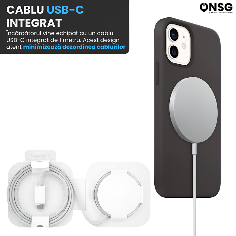 Laptop, Telefoane si Tablete - Telefoane mobile si accesorii - Accesorii Telefoane - Incarcatoare telefoane - Incarcator wireless Apple MagSafe by ONSG®, cablu USB Type-C 1m, 15W, Alb - Infinity.ro
