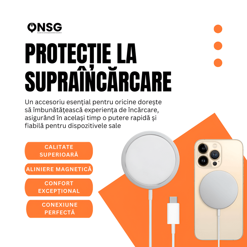 Laptop, Telefoane si Tablete - Telefoane mobile si accesorii - Accesorii Telefoane - Incarcatoare telefoane - Incarcator wireless Apple MagSafe by ONSG®, cablu USB Type-C 1m, 15W, Alb - Infinity.ro