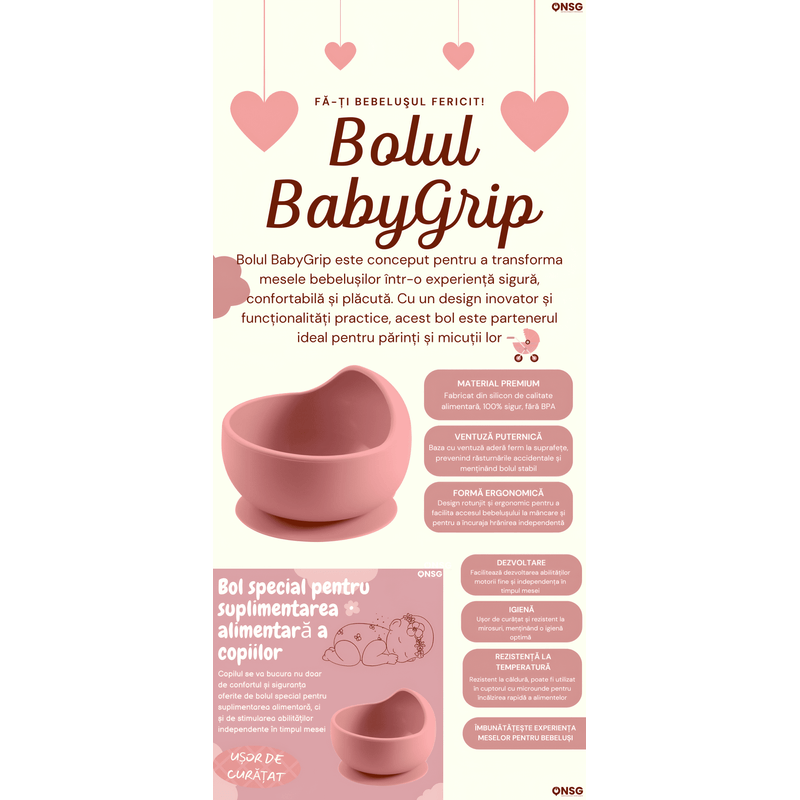 Jucarii, Copii si Bebe - Hrana si alaptare - Biberoane, suzete si accesorii hranire - Articole hranire bebelusi - Bol Mancare Bebelusi BabyGrip ONSG®, Siguranta si Confort, Ventuza Puternica si Design Ergonomic din Silicon BPA Free, Roz - Infinity.ro