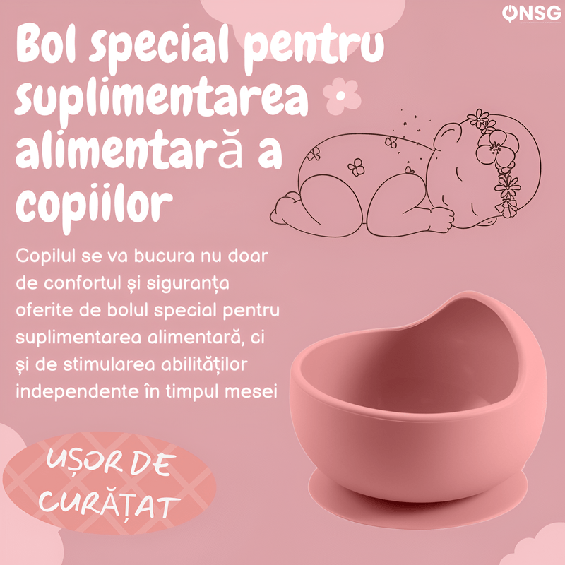 Jucarii, Copii si Bebe - Hrana si alaptare - Biberoane, suzete si accesorii hranire - Articole hranire bebelusi - Bol Mancare Bebelusi BabyGrip ONSG®, Siguranta si Confort, Ventuza Puternica si Design Ergonomic din Silicon BPA Free, Roz - Infinity.ro