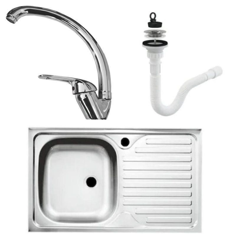 Casa si Gradina - Sanitare - Chiuveta bucatarie si accesorii - Chiuvete bucatarie - Set chiuveta masca cuva stanga 80x50 cm baterie lebada si sifon de scurgere - Infinity.ro