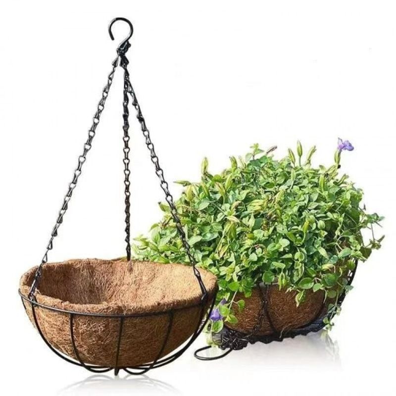 Casa si Gradina/Gradinarit si plante/Plante si ghivece/Ghivece si suporturi - Cos suspendat pentru flori, maro, otel si fibra nuca de cocos, cu lant si carlig, 20cm - Infinity.ro