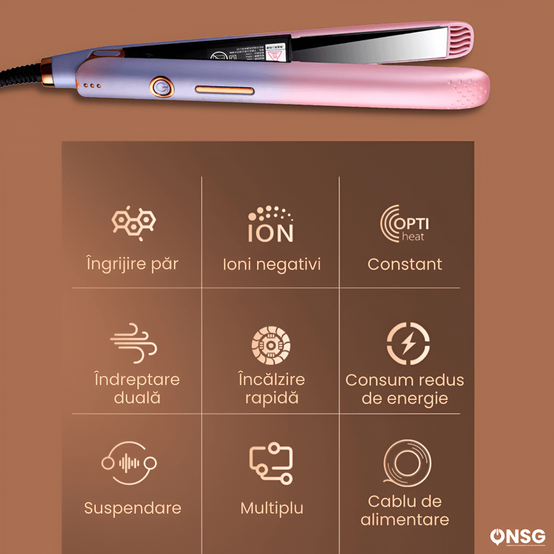 Ingrijire personala si Cosmetice - Aparate & accesorii ingrijire personala - Hair styling - Placi de indreptat parul - Placa de Par Profesionala de Indreptat GlamorStyle Pro ONSG®, Ioni Negativi, Ceramica, Control Temperatura,  Roz - Infinity.ro