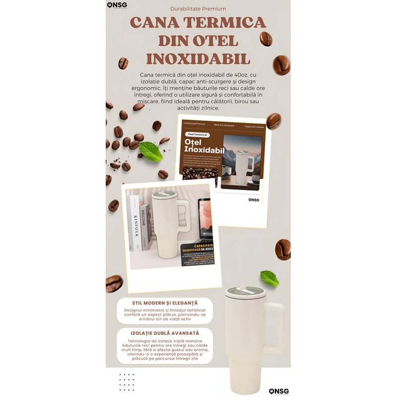 Casa si Gradina - Bucatarie si vesela - Accesorii bar - Termosuri si Cani termos - Cana Termica 40oz by ONSG®, Otel Inoxidabil, Capac Etans cu Pai, Izolatie Dubla pentru Bauturi Reci si Calde - Infinity.ro