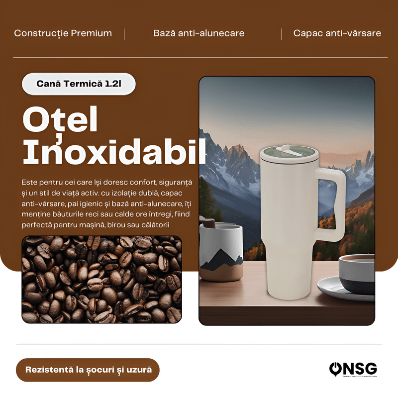Casa si Gradina - Bucatarie si vesela - Accesorii bar - Termosuri si Cani termos - Cana Termica 40oz by ONSG®, Otel Inoxidabil, Capac Etans cu Pai, Izolatie Dubla pentru Bauturi Reci si Calde - Infinity.ro