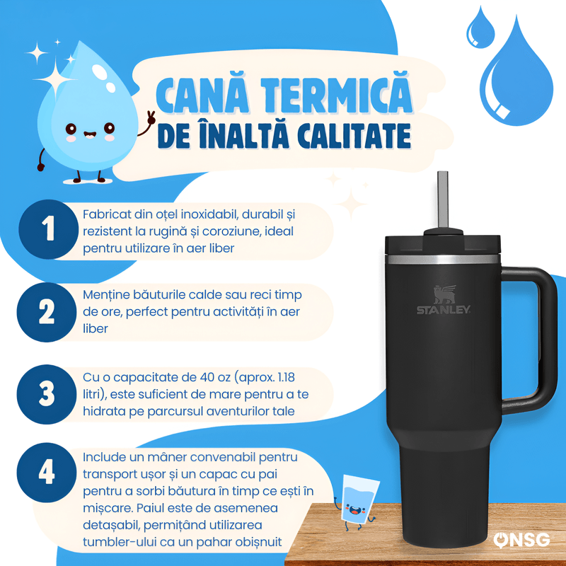 Casa si Gradina - Bucatarie si vesela - Accesorii bar - Termosuri si Cani termos - Cana Termos Stanley Quencher H2.0 Flowstate by ONSG® din Otel Inoxidabil, 1180ml, Negru - Infinity.ro