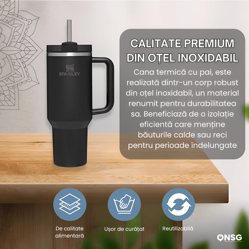 Casa si Gradina - Bucatarie si vesela - Accesorii bar - Termosuri si Cani termos - Cana Termos Stanley Quencher H2.0 Flowstate by ONSG® din Otel Inoxidabil, 1180ml, Negru - Infinity.ro