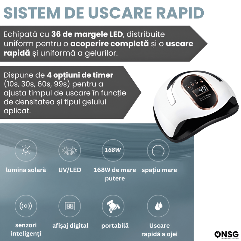 Ingrijire personala si Cosmetice - Aparate & accesorii ingrijire personala - Aparate cosmetice - Aparate pentru manichiura-pedichiura - Lampa LED Profesionala pentru Unghii DiamongGlow ONSG®, 168W, Uscare Rapida, Tehnologie Avansata, Design Ergonomic - Infinity.ro