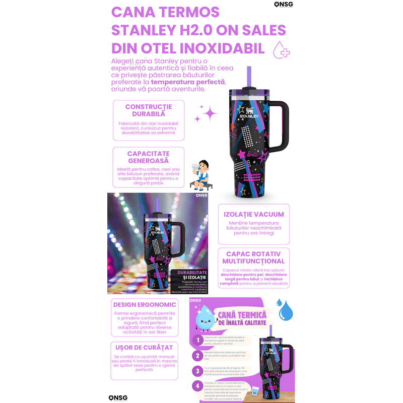 Casa si Gradina - Bucatarie si vesela - Accesorii bar - Termosuri si Cani termos - Cana Termos Stanley Quencher H2.0 Flowstate Editia Barbie '80S ROCKERS by ONSG® din Otel Inoxidabil, 1180ml - Infinity.ro