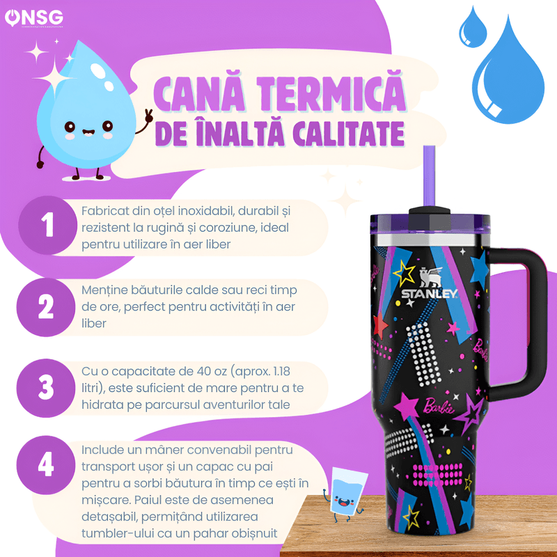 Casa si Gradina - Bucatarie si vesela - Accesorii bar - Termosuri si Cani termos - Cana Termos Stanley Quencher H2.0 Flowstate Editia Barbie '80S ROCKERS by ONSG® din Otel Inoxidabil, 1180ml - Infinity.ro