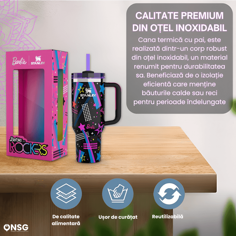 Casa si Gradina - Bucatarie si vesela - Accesorii bar - Termosuri si Cani termos - Cana Termos Stanley Quencher H2.0 Flowstate Editia Barbie '80S ROCKERS by ONSG® din Otel Inoxidabil, 1180ml - Infinity.ro