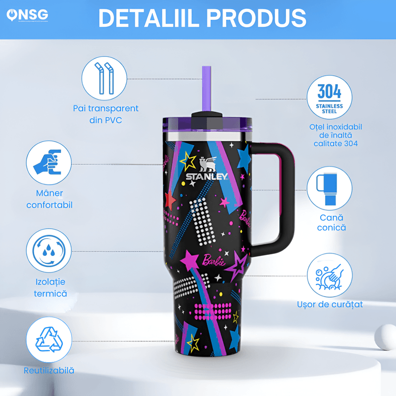 Casa si Gradina - Bucatarie si vesela - Accesorii bar - Termosuri si Cani termos - Cana Termos Stanley Quencher H2.0 Flowstate Editia Barbie '80S ROCKERS by ONSG® din Otel Inoxidabil, 1180ml - Infinity.ro