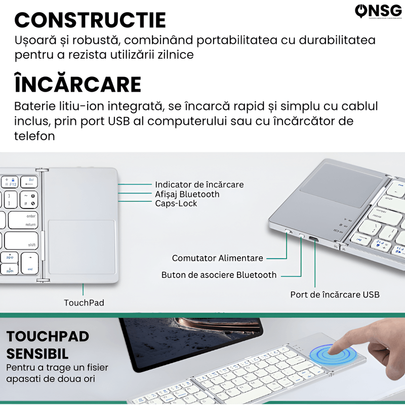 PC, gaming si accesorii - Periferice PC - Tastaturi - Tastatura Pliabila Bluetooth TouchKey Ultra ONSG®, Touchpad 2 Click-uri, Android Windows iOS Smart TV - Infinity.ro