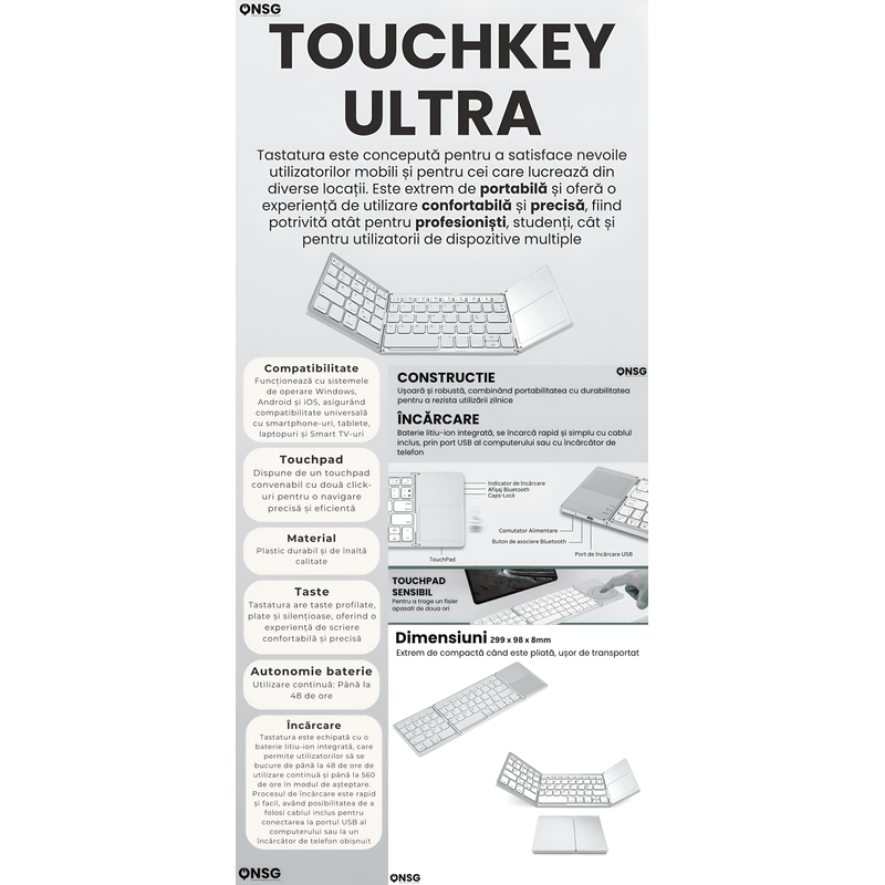 PC, gaming si accesorii - Periferice PC - Tastaturi - Tastatura Pliabila Bluetooth TouchKey Ultra ONSG®, Touchpad 2 Click-uri, Android Windows iOS Smart TV - Infinity.ro