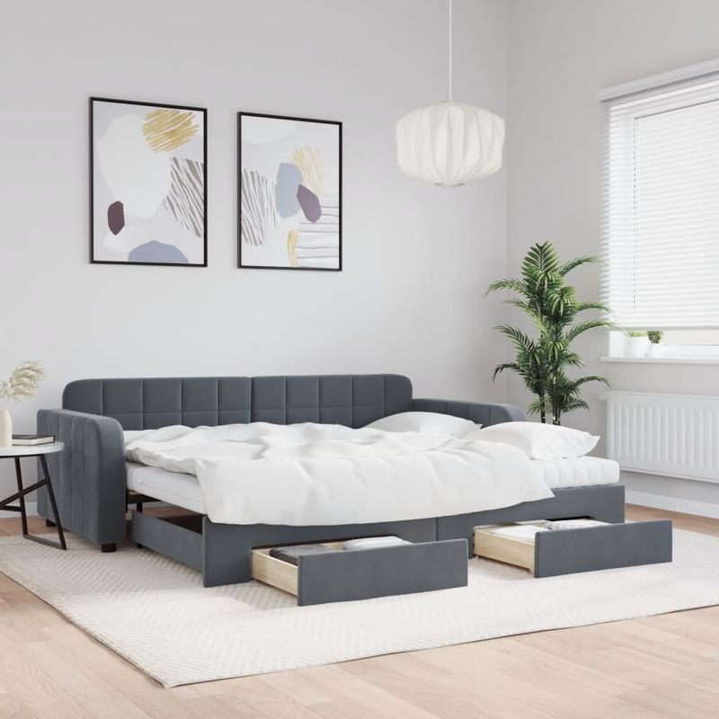 Casa si Gradina - Mobilier - Paturi si accesorii - Paturi - Pat de zi cu extensie si sertare, gri inchis, 90x190cm catifea - Infinity.ro