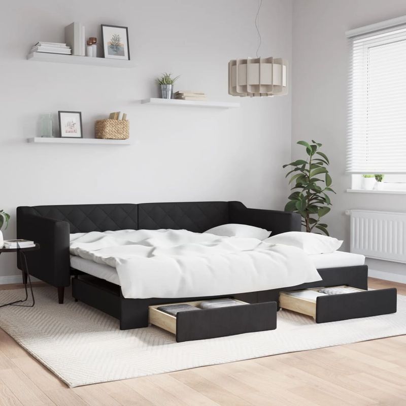 Casa si Gradina - Mobilier - Paturi si accesorii - Paturi - Pat de zi cu extensie si sertare, negru, 100x200 cm, textil - Infinity.ro
