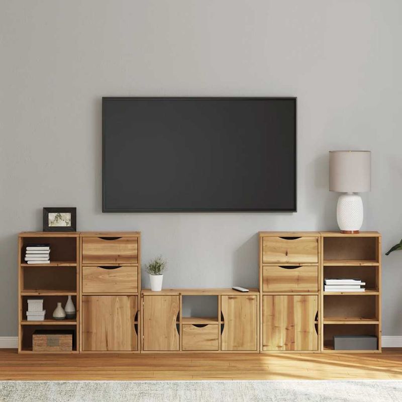 Casa si Gradina - Mobilier - Comode si corpuri - Comode - Unitati TV 5 piese cu depozitare „ODDA” din lemn masiv de pin, model 9 rafturi 5 sertare - Infinity.ro