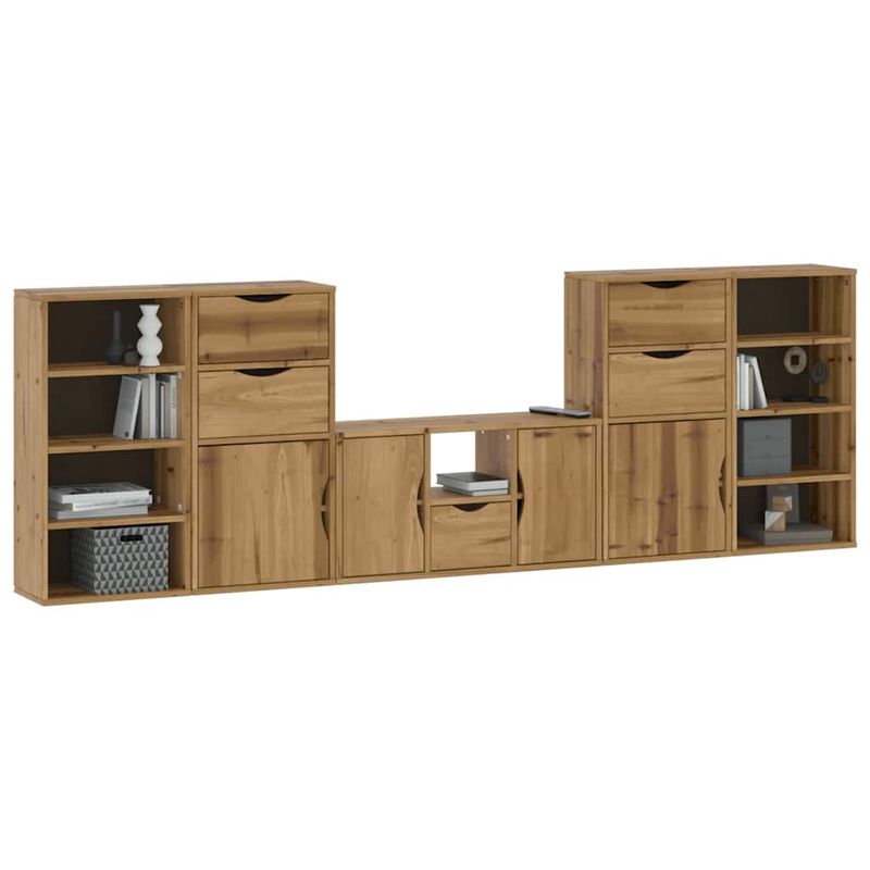 Casa si Gradina - Mobilier - Comode si corpuri - Comode - Unitati TV 5 piese cu depozitare „ODDA” din lemn masiv de pin, model 9 rafturi 5 sertare - Infinity.ro