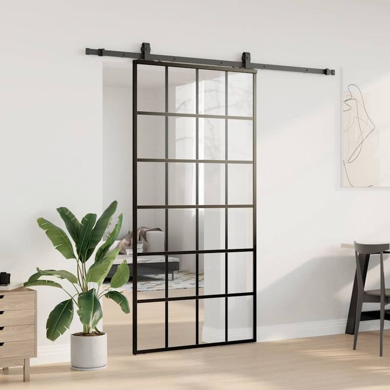 Casa si Gradina - Constructii - Usi interior, exterior si garaj - Usi interior - Usa glisanta cu set de feronerie neagra 102x205 cm Sticla ESG, mărime 102x205 cm (213 cm sliding rail), model 6x4 grids - Infinity.ro