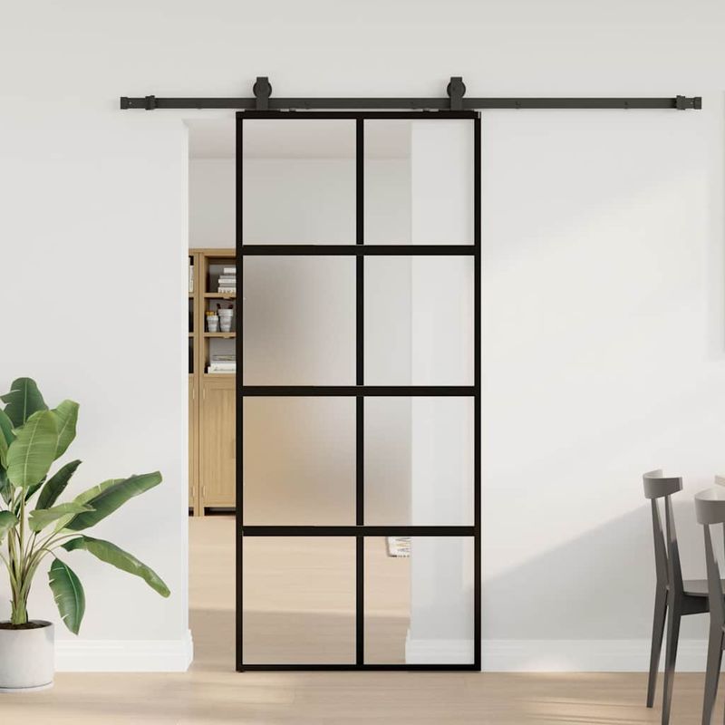 Casa si Gradina - Constructii - Usi interior, exterior si garaj - Usi interior - Usa glisanta cu set feronerie neagra 90x205cm sticla securizata - Infinity.ro