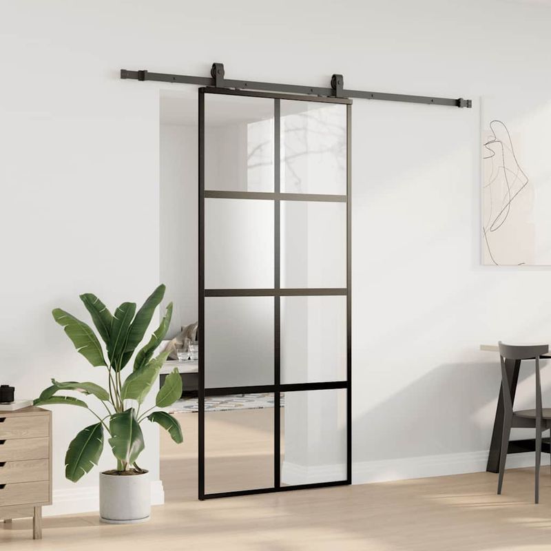 Casa si Gradina - Constructii - Usi interior, exterior si garaj - Usi interior - Usa glisanta cu set feronerie neagra 90x205cm sticla securizata - Infinity.ro