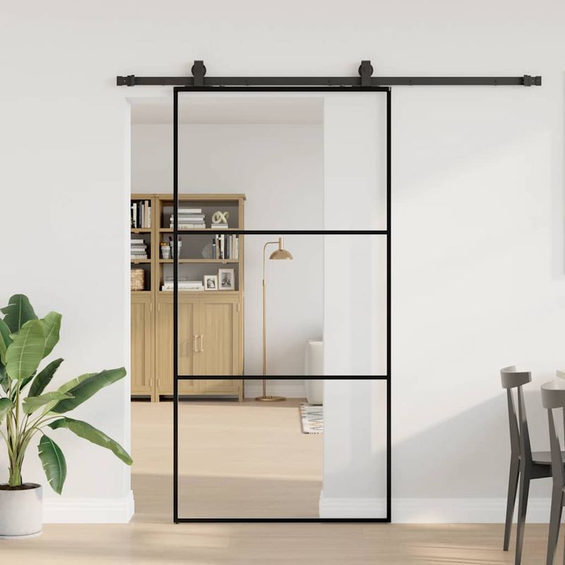 Casa si Gradina - Constructii - Usi interior, exterior si garaj - Usi interior - Usa glisanta cu set de feronerie neagra 102x205 cm Sticla ESG, mărime 102x205 cm (șină glisantă de 200 cm), model 2 bare orizontale - Infinity.ro
