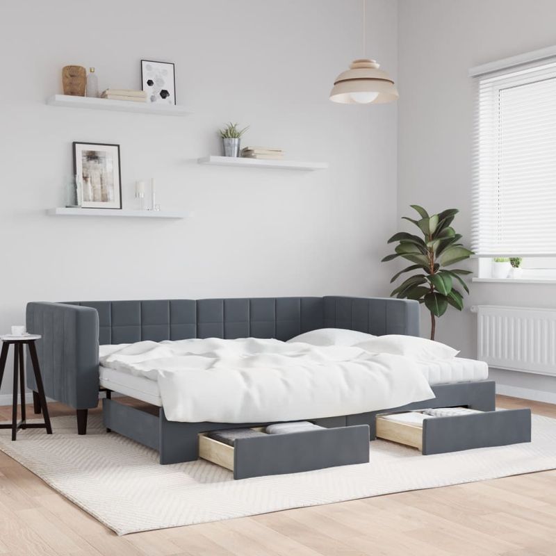 Casa si Gradina - Mobilier - Paturi si accesorii - Paturi - Pat de zi cu extensie si sertare, gri inchis, 90x190cm catifea - Infinity.ro