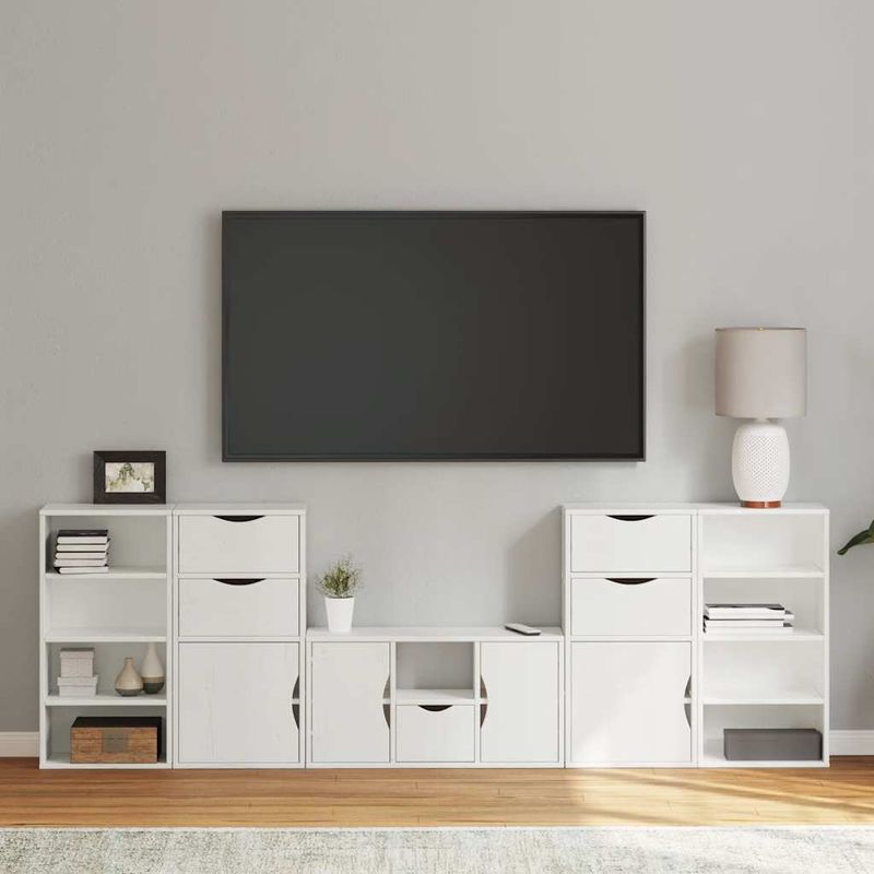 Casa si Gradina - Mobilier - Comode si corpuri - Comode - Unitati TV 5 piese cu depozitare ODDA din lemn masiv de pin alb, model 9 rafturi 5 sertare - Infinity.ro