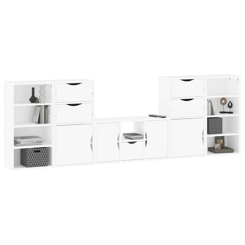 Casa si Gradina - Mobilier - Comode si corpuri - Comode - Unitati TV 5 piese cu depozitare ODDA din lemn masiv de pin alb, model 9 rafturi 5 sertare - Infinity.ro