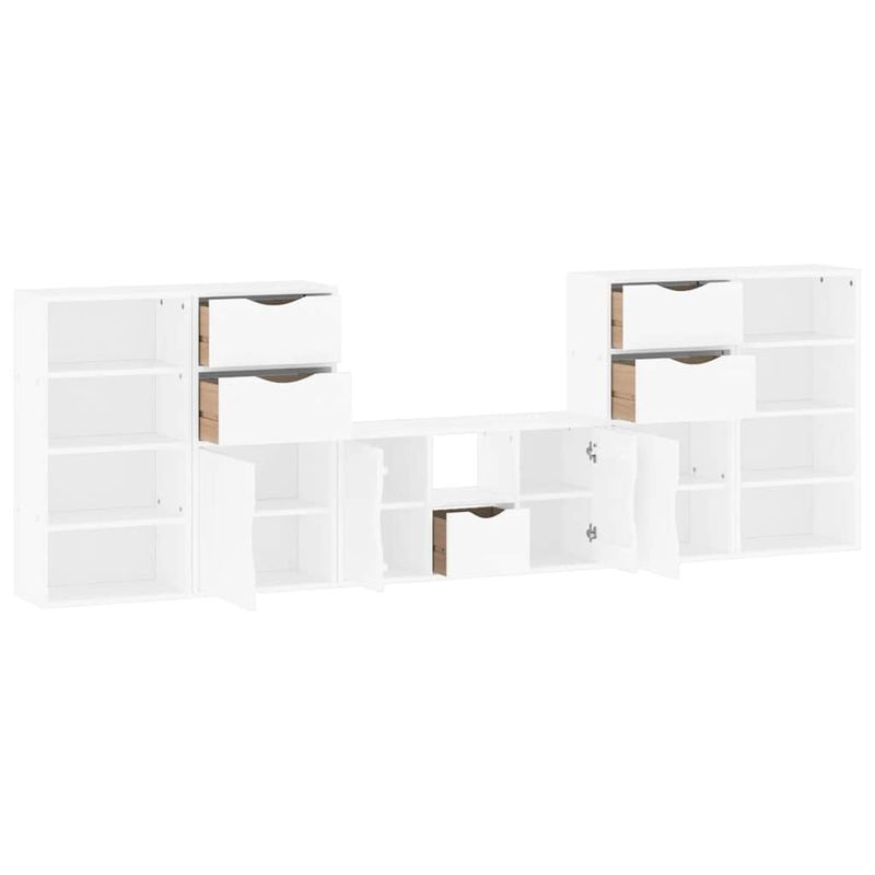 Casa si Gradina - Mobilier - Comode si corpuri - Comode - Unitati TV 5 piese cu depozitare ODDA din lemn masiv de pin alb, model 9 rafturi 5 sertare - Infinity.ro