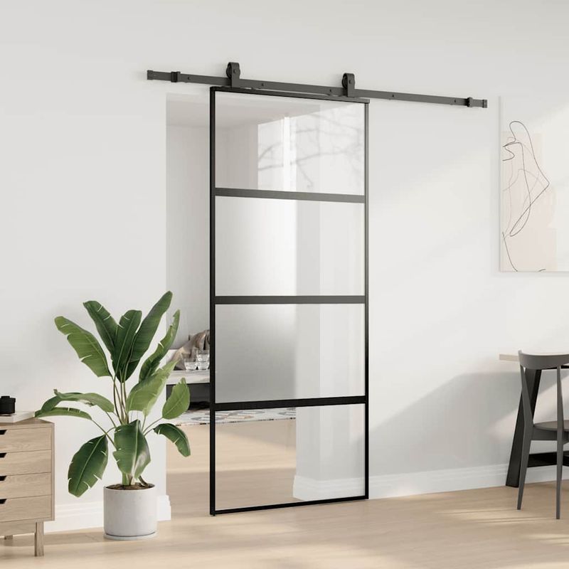 Casa si Gradina - Constructii - Usi interior, exterior si garaj - Usi interior - Usa glisanta cu set feronerie neagra 90x205cm sticla securizata - Infinity.ro