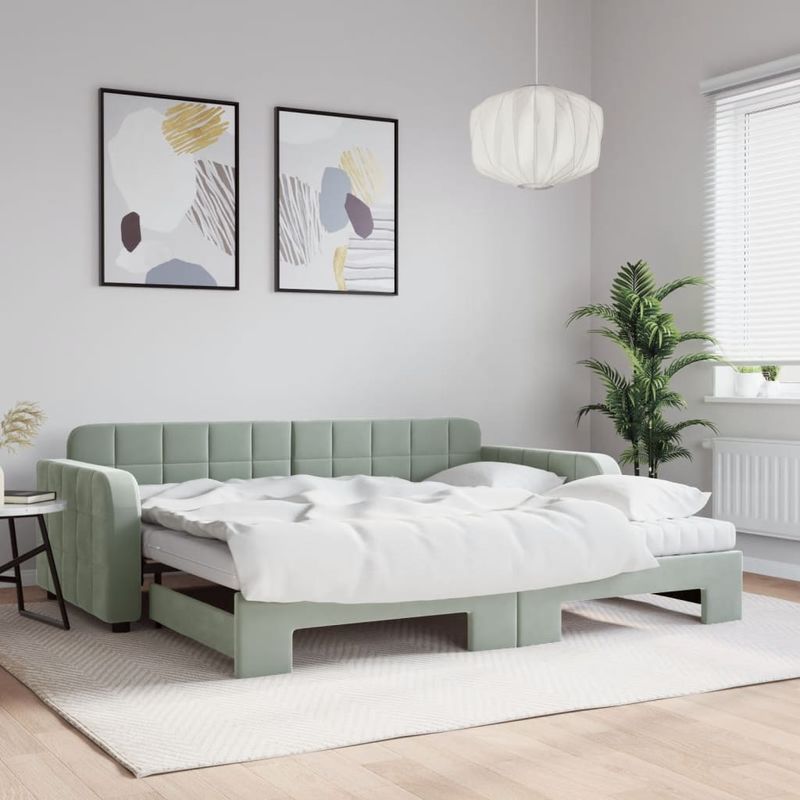 Casa si Gradina - Mobilier - Paturi si accesorii - Paturi - Pat de zi cu extensie si saltele, gri deschis 90x190 cm catifea - Infinity.ro